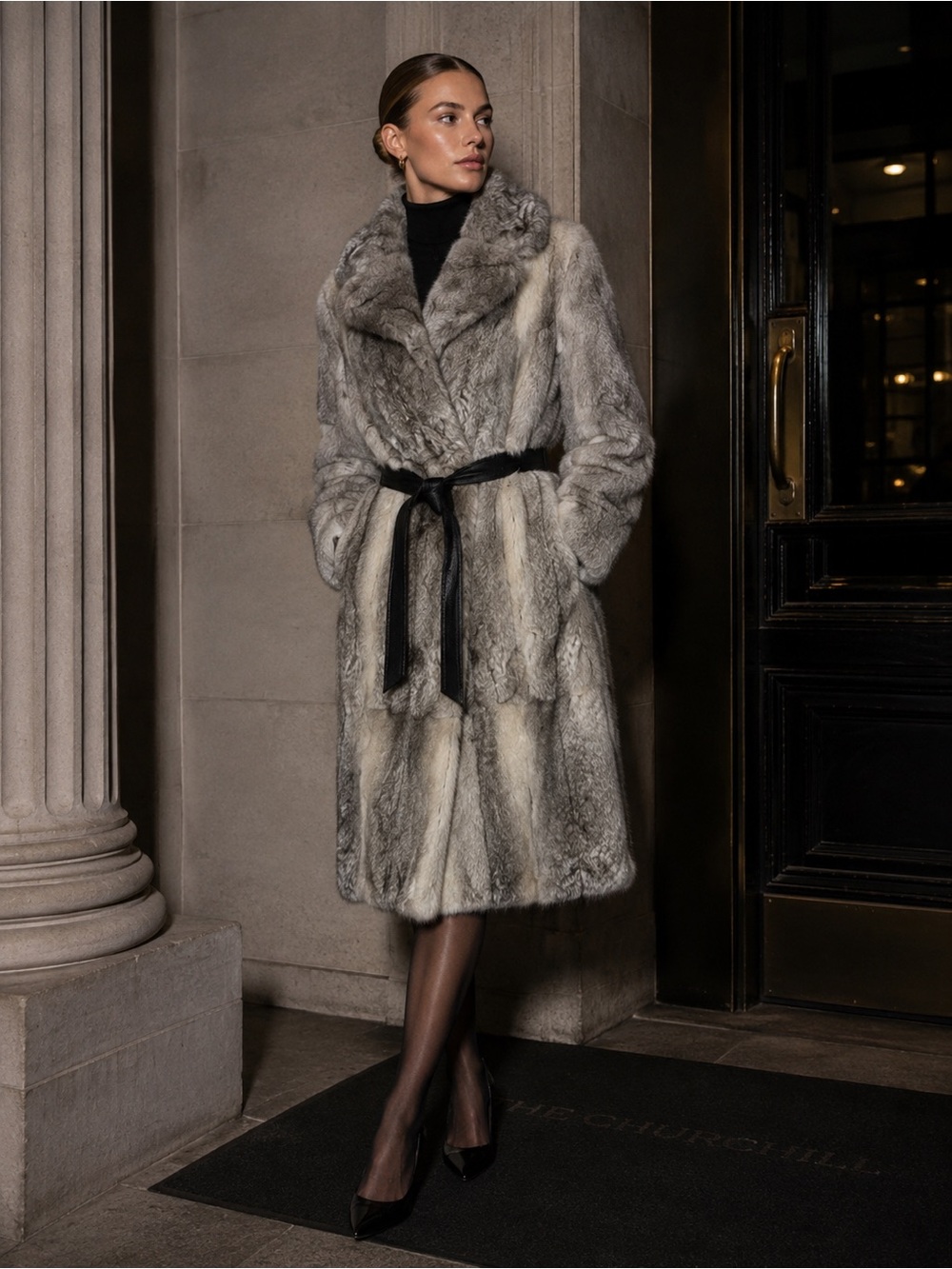 100% Genuine Rabbit Fur Elegant Gray Coat